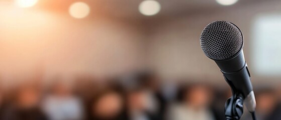Obraz premium Microphone for speaker on abstract blurred of speech in seminar room or speaking conference for audience at university