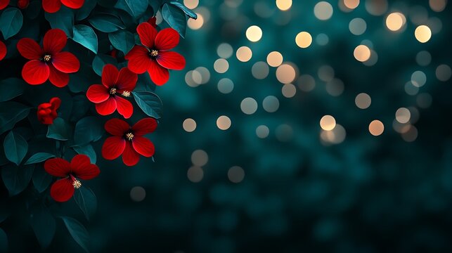 Fototapeta Red flowers with bokeh, and night garden.