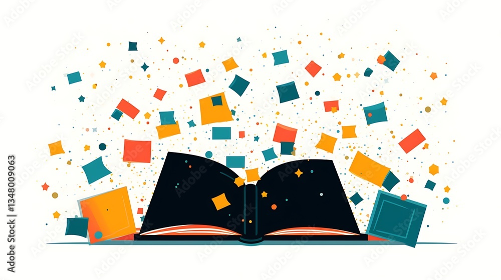 Poster Open Book with Colorful Shapes Exploding Outward
