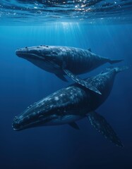 Fototapeta premium Humpback whale swimming in the blue ocean