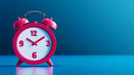 A vibrant pink alarm clock sits on a blue surface, highlighting its classic design and the importance of time management.