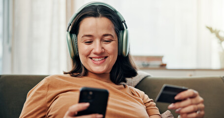 Smile, woman and phone with credit card at house of ecommerce, podcast subscription or music....