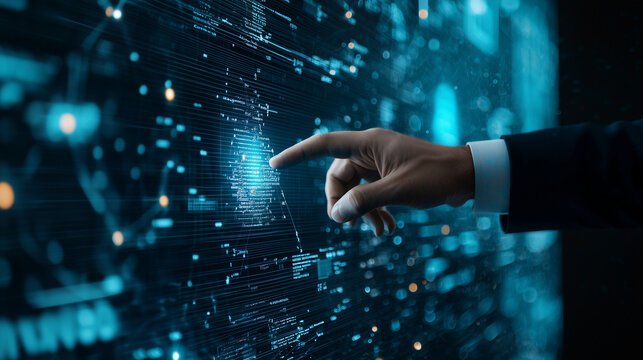 Digital Innovation: A business person's hand interacting with a futuristic digital interface representing advanced technology - Powered by Adobe