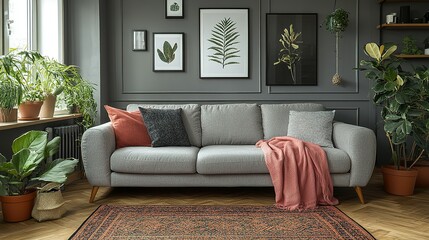 A comfortable living room showcases a grey sofa and greenery