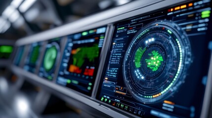 Obraz premium Close up view of a futuristic control panel with multiple screens displaying complex data visualizations, including a central circular display with glowing green elements.