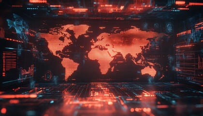 A digital depiction of a world map with data visualization