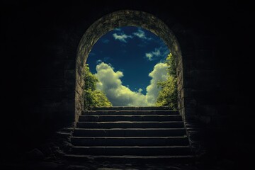 A stone archway leading to a brighter sky