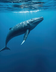 Fototapeta premium Humpback whale swimming in the blue ocean