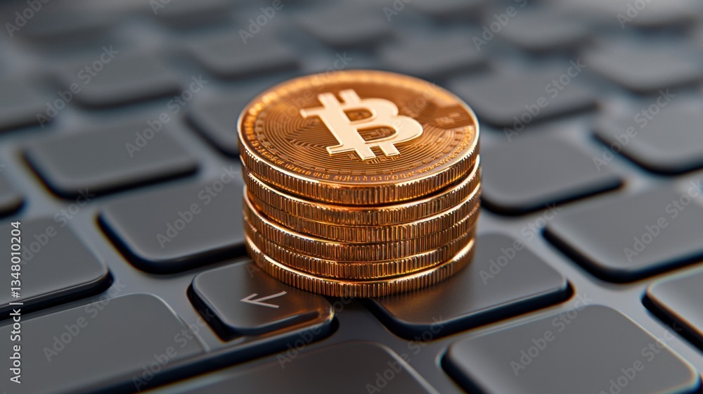 Poster close up view of a stack of gold colored bitcoin cryptocurrency coins resting on a dark gray laptop 