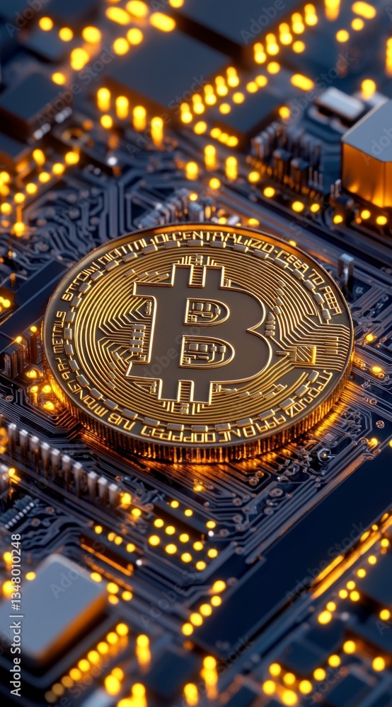 Poster close up of a gold bitcoin cryptocurrency coin on a dark circuit board with illuminated components. 
