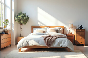Interior of stylish bedroom with cozy bed, chest of drawers and olive tree on bedside table.