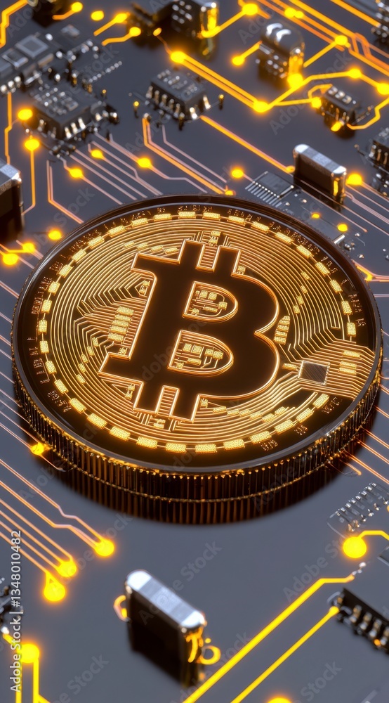 Poster close up view of a golden bitcoin cryptocurrency coin resting on a circuit board, illuminated with w