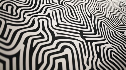 Fototapeta premium A black and white pattern of lines, a maze-like design with overlapping shapes in an abstract manner, creating the illusion that they form different paths or depth. 