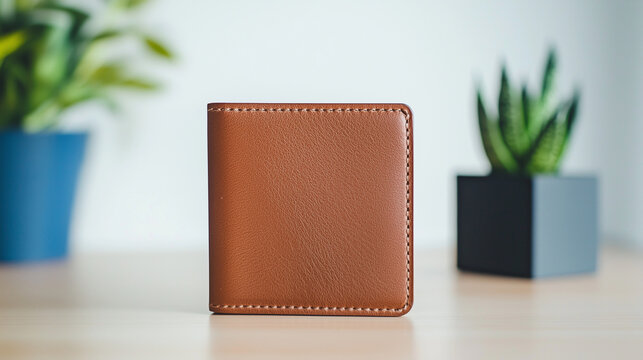 Elegant Leather Wallet: Close-up shot showcasing a stylish brown leather wallet with minimalist aesthetic, set against a backdrop of potted plants, capturing the essence of luxury and functionality.