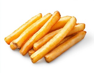 Golden, crispy french fries isolated on a white background. The fries are long and thin, showing texture and detail.