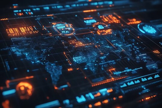 A futuristic digital interface displays data visualizations with world map