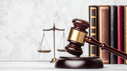 Justice and Law: A close-up shot of a gavel striking a wooden block, symbolizing justice and law, alongside balanced scales and law books