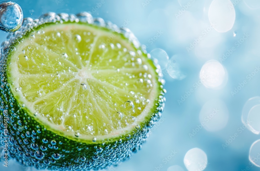 Aufkleber fresh lime slice submerged in sparkling bubbles with a vibrant blue background, showcasing refreshin