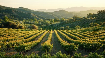 Naklejka premium Vineyard Rows at Sunset, Hills Background