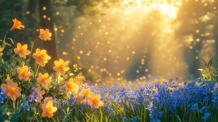 Obraz premium Golden Daffodils and Bluebells in Sunlight