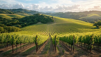 Fototapeta premium Vineyard Rows, Sunrise, Tuscan Hills, Majestic Landscape