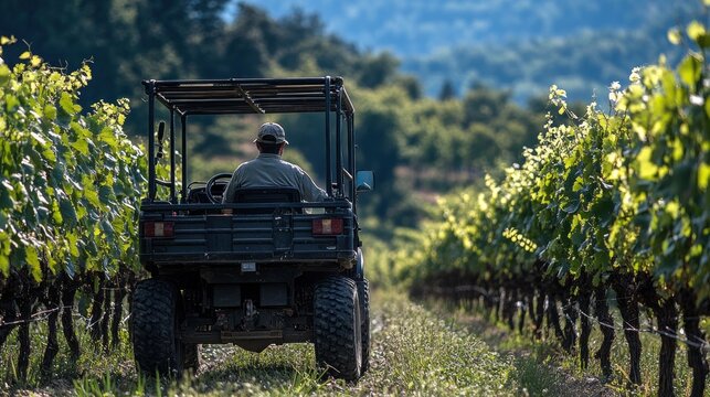 Vineyard worker driving ATV through rows of grape vines