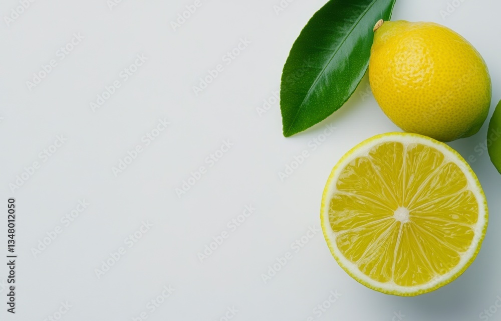 Poster close up view of a halved lime and whole lemon with green leaves on a light gray background. the ima