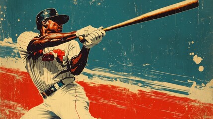 Vintage Baseball Player Swinging Bat, Retro Style, Grunge Background