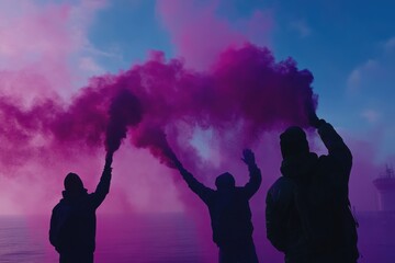Dramatic Scene of People with Smoke Bombs at Sunset by the Water