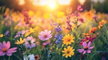 Obraz premium Vibrant Wildflowers Blooming In Sunset Light