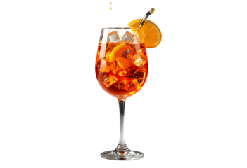 Aperol spritz cocktail recipe with orange slice and ice cubes on black background for summer drink