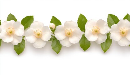 Obraz premium White jasmine blossoms and green leaves arranged in a horizontal row on a white background. The image is clean and simple, perfect for design projects.