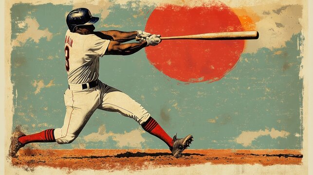 Vintage Baseball Player Swinging Bat, Retro Style, Outdoor Field, Large Red Circle Background