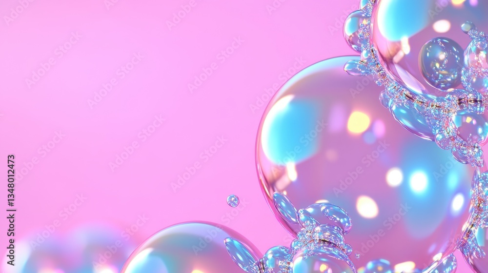 Aufkleber abstract image featuring iridescent, spherical shapes of varying sizes against a soft pink backgroun
