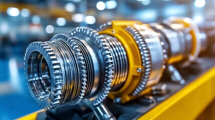 Obraz premium Close up view of a complex metallic industrial component with intricate gears and yellow accents, set against a blurred industrial background.