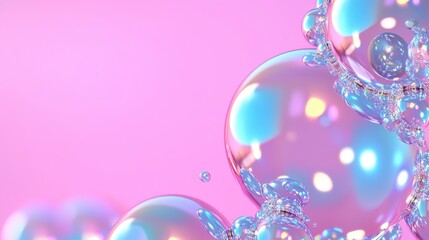 Abstract image featuring iridescent, spherical shapes of varying sizes against a soft pink background. The bubbles appear glossy and reflect light.