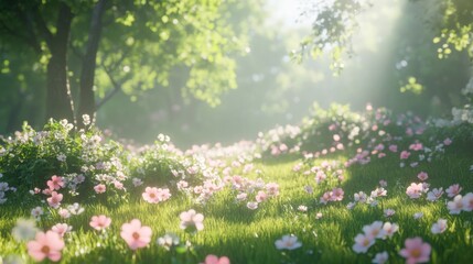 Fototapeta premium Sunlit Meadow With Delicate Pink And White Flowers