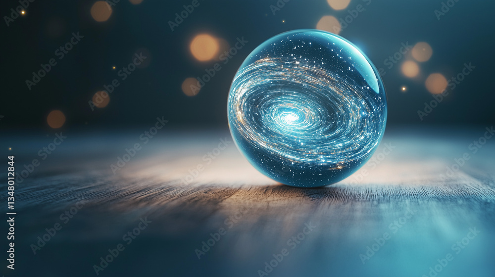 Poster cosmic orb: a mesmerizing close-up of a glowing glass orb, capturing a miniature galaxy swirling wit