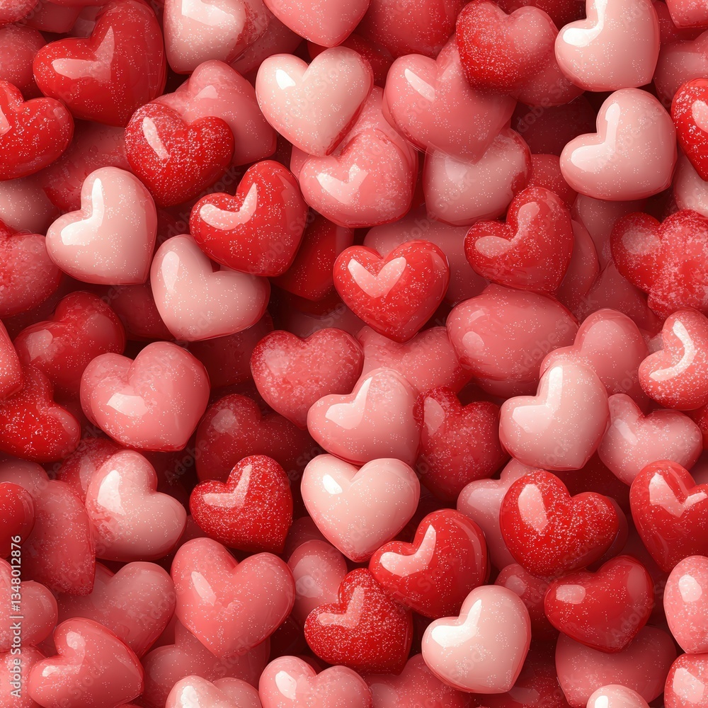 Poster a dense collection of glossy heart-shaped objects in varying shades of red and pink creating a textu