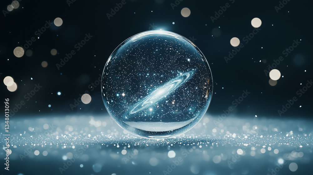 Poster cosmic wonder: a captivating glass sphere encapsulates a miniature galaxy, sparkling with ethereal l