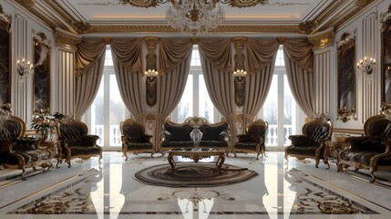 Fototapeta premium Ultra high end celebrity mansion living room extravagant furniture rich texture grand lighting luxurious ambiance white background