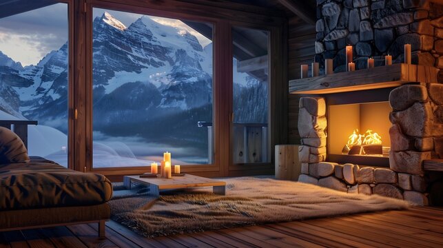 Traditional wooden chalet living room large stone fireplace cozy fur rug panoramic mountain view warm lighting isolated background