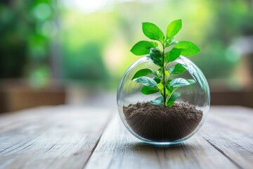 Green Plant in Glass Terrarium on Wooden Table with Blurred Background