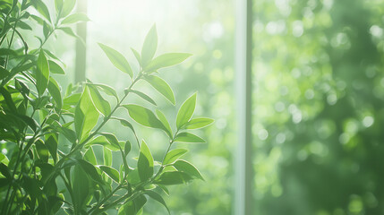 Naklejka premium Nature's Embrace: Close-up view of verdant leaves against soft daylight backdrop. Capturing the vibrant hues of the flora in a tranquil setting.