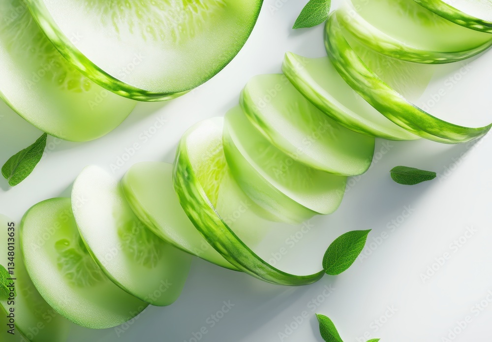 Aufkleber fresh sliced cucumber and mint leaves creating a vibrant and refreshing composition on a light backg