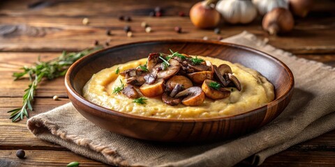 Savory Creamy Polenta Topped with Roasted Mushrooms and Fresh Herbs in Rustic Wooden Bowl