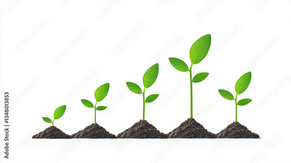 Poster growth graph of five: a visual metaphor depicting growth with five small plants in various stages of