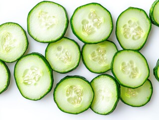 Fresh Sliced Cucumbers on a Clean White Background for Healthy Eating, Cooking, and Food Decoration in a Modern Style