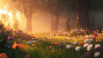 Golden Sunlight Illuminates Vibrant Wildflower Meadow In Forest