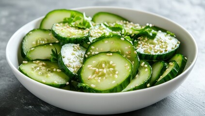 Fresh Sliced Cucumbers with Light Garnish of Sesame Seeds in a White Bowl on a Dark Surface